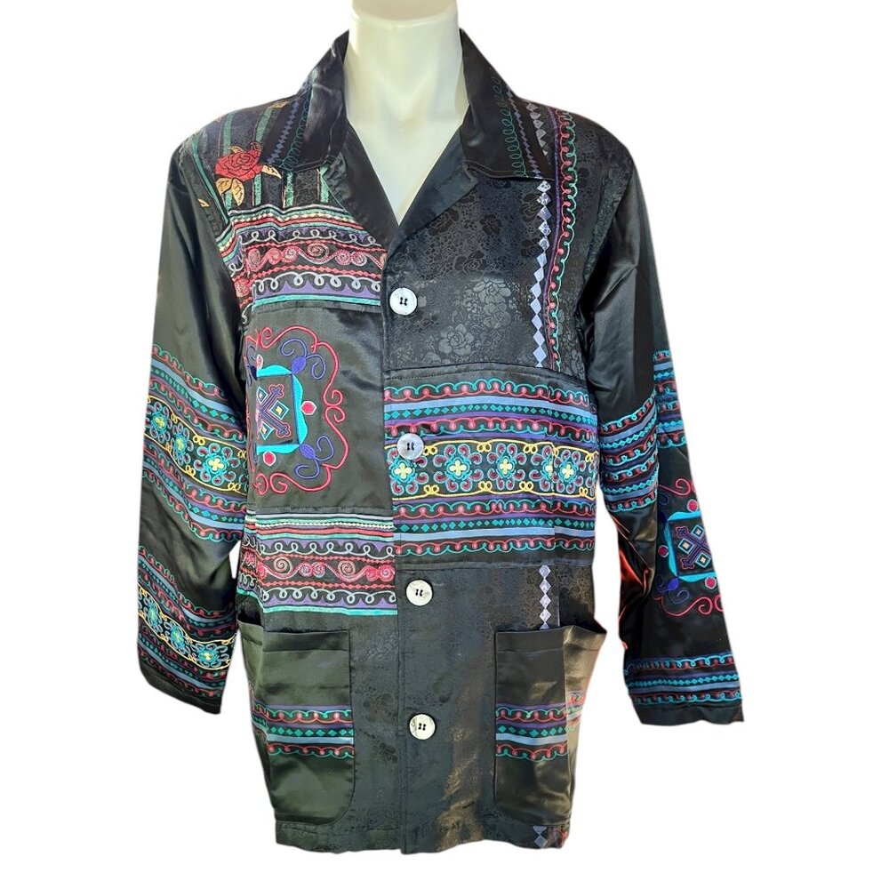 Chicos Design Womens Size 1X Black Multi-Colored Silk Jacquard Jacket Blazer EUC - Picture 1 of 8